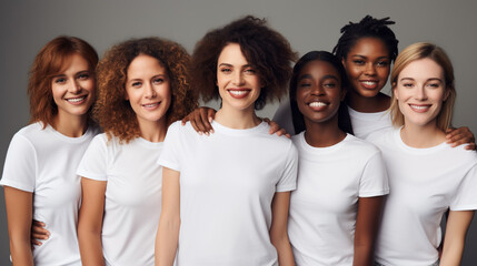 group of happy different women in white t-shirts generative Ai - obrazy, fototapety, plakaty