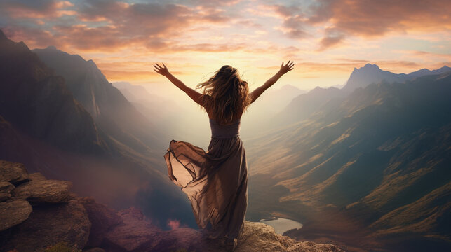 Girl on a background of mountains joyful spread her arms dancing at a height generative Ai