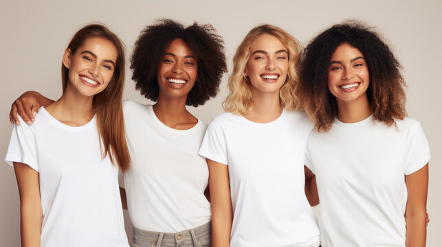 group of happy different women in white t-shirts generative Ai