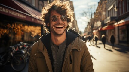 Obraz premium Happy smiling young man with brown hair wearing sunglasses walking down a street in a city on a beautiful sunny day