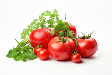 Small plum tomatoes on a white background. Fresh tomato, herbs and spices isolated on white background, top view. Bunch of fresh, red tomatoes with green stems isolated on white background.
