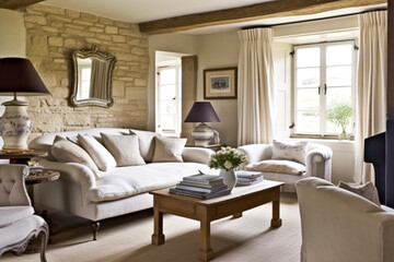 Fototapeta premium Cottage sitting room decor, interior design and house improvement, living room furniture, sofa and home decor in English country house style, generative ai