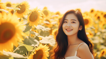 Happy young Asian woman in a sunflower field generative Ai