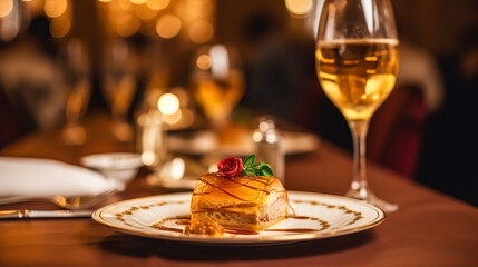 Naklejka premium Luxury food service, appetisers and desserts served at a restaurant or formal dinner event in classic English style in the luxurious hotel or country estate, generative ai
