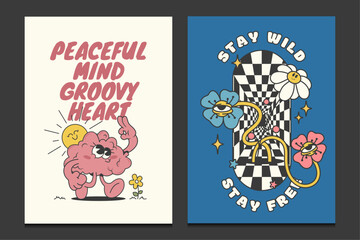 groovy 70s poster with funny cartoon characters, vector illustration