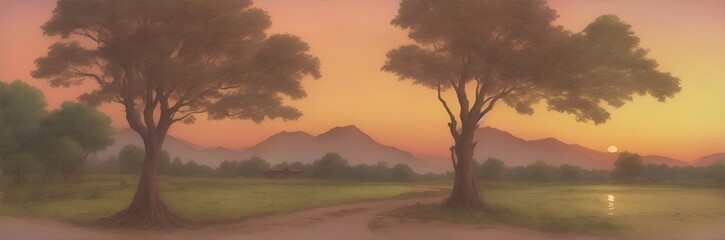 Road and tree landscape. AI generated illustration