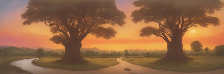 Road and tree landscape. AI generated illustration