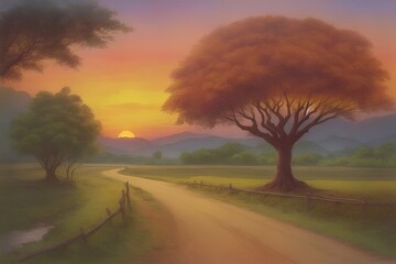Fototapeta premium Road and tree landscape. AI generated illustration