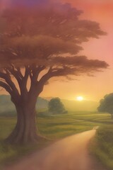 Road and tree landscape. AI generated illustration