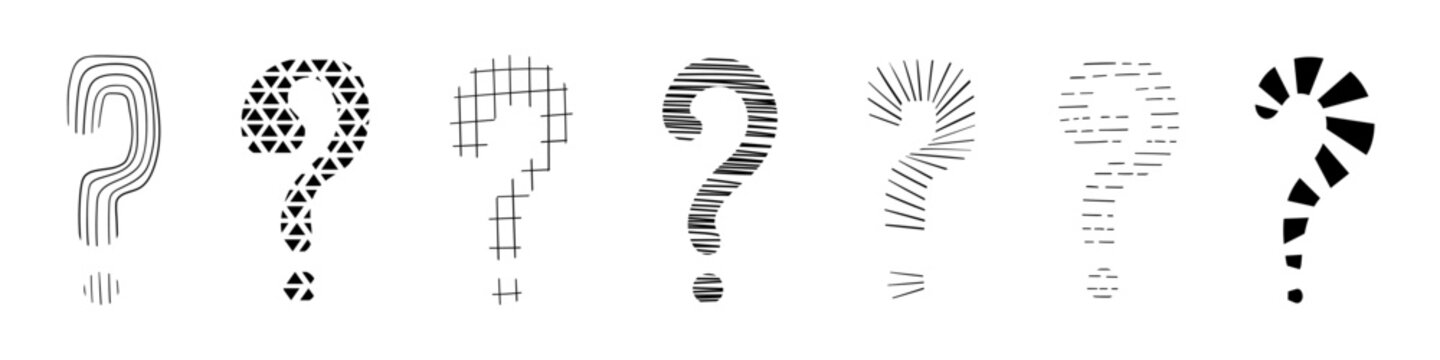 Question mark set hand drawn in doodle style, vector illustration. Icon question symbol for print and design. Quiz and Exam concept, isolated elements on a white background. Graphic sign ask and fqa