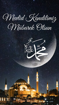 Mevlid kandili concept image. Suleymaniye Mosque and crescent moon
