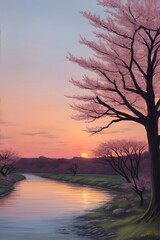 Beautiful river and spring trees. AI generated illustration