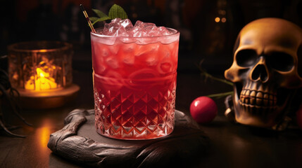 Red Halloween cocktail in glasses close-up. Bloody spooky scary party cocktails alcoholic drinks festive concept. AI photography. .