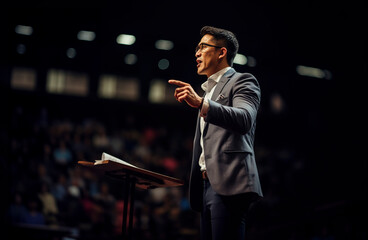 Businessman motivational speaker on business conference talking about how to be a leader