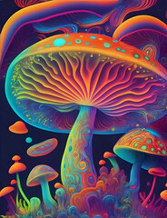 Fototapeta na wymiar Default Psychedelic mushroom with neon colors and a swirling