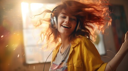 Dancing girl with headphones listening to music.