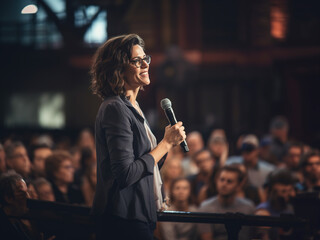 Female motivational speaker on Stage talking about how to success