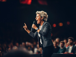 Female motivational speaker on Stage talking about how to success