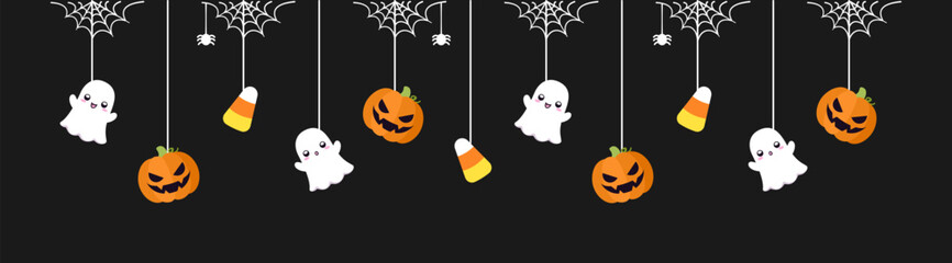 Happy Halloween border banner with ghost, candy corn and jack o lantern pumpkins. Hanging Spooky Ornaments Decoration Vector illustration, trick or treat party invitation