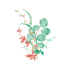 Watercolor arrangement with green, pink and gold leaves, hand drawn.