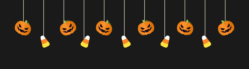 Happy Halloween border banner with candy corn and jack o lantern pumpkins hanging from spider webs. Spooky Ornaments Decoration Vector illustration, trick or treat party invitation