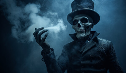 Grim reaper or Death reaching for his victim over dark background with copy space. Halloween Party background, digital ai
