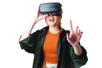 Beautiful woman touching during VR experience isolated on white. Asian girl using VR and standing over white background