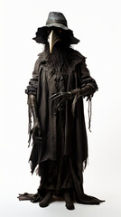 Fototapeta na wymiar A creepy costume of a raven scarecrow witch isolated on white background 