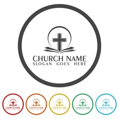 Church logo design template. Set icons in color circle buttons