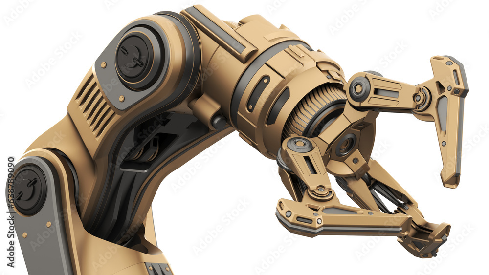 Poster sci-fi robotic arm or detailed futuristic claw. gripper manipulator or industrial assembly robot. 3d