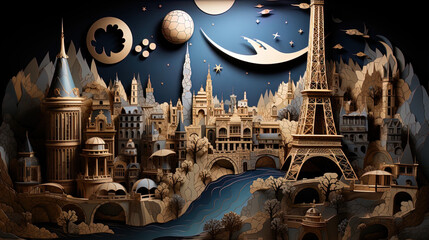 Paris cityscape  paper art, generative ai