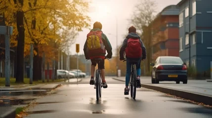 Foto op Canvas Two boys with backpacks on bicycles going to school © tashechka