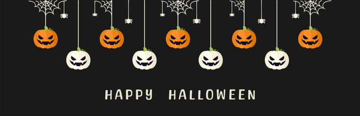 Happy Halloween border banner jack o lantern pumpkins hanging from spider webs. Spooky Ornaments Decoration Vector illustration, trick or treat party invitation