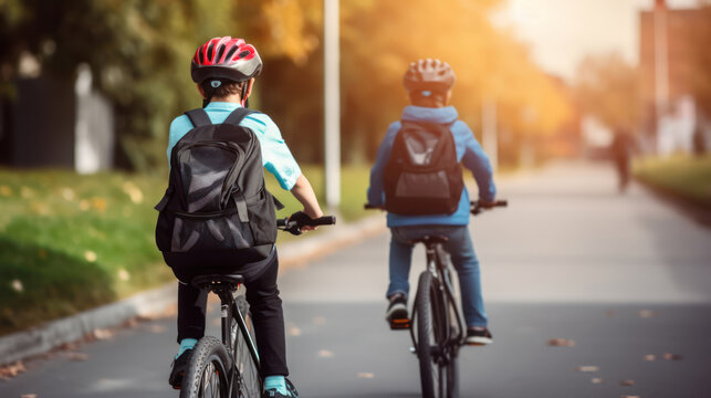 Two boys with backpacks on bicycles going to school