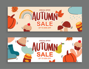 Autumn sale banner template background. Autumn shopping sale with element and text.