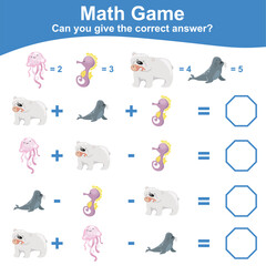 Math game for children additional with sea life theme. Count and write the correct answer. Printable math worksheet. Vector illustration file.