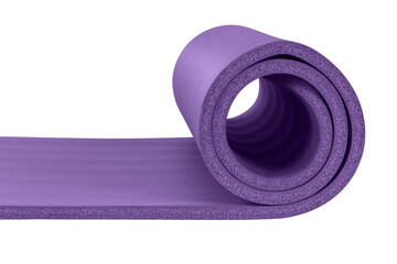 A purple yoga mat on a white background. 