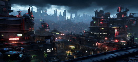 A high angle flyover of a surreal dark gotham like party goblin city with brutalist, industrial city environment lit with neon signs , and light coming from the streets below. 