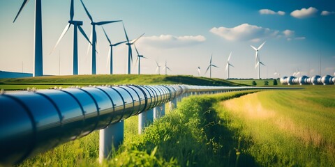 Energiewende in Aktion: Rohrsystem mit Windkraft im Hintergrund