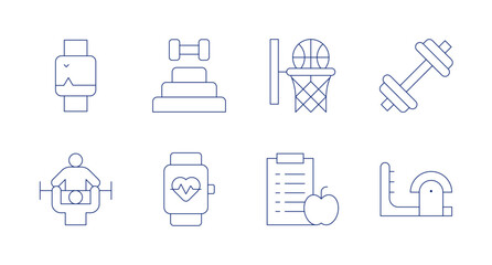 Fototapeta na wymiar Fitness icons. editable stroke. Containing smart bracelet, goal, basketball, gym, trainer, health monitor, diet, ladder barrel.