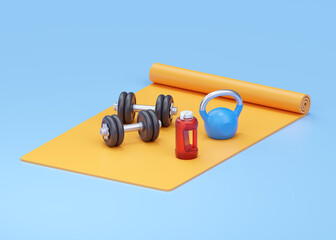 Fitness 3d render illustration - simple dumbbell, realistic water red bottle and blue kettlebell
