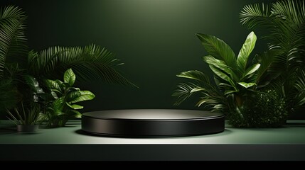 Podium mockup display for product presentation with tropical palm leaves Botanical product backdrop