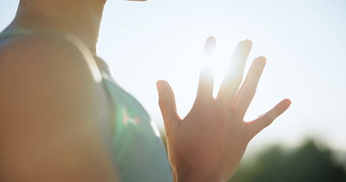 Woman, hands and yoga in meditation, zen workout or relax in outdoor fitness, exercise or nature. Closeup of calm female person or yogi in namaste pose or pilates for spiritual wellness or awareness