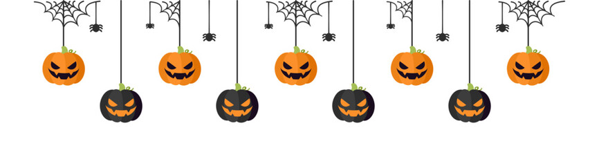 Happy Halloween border banner jack o lantern pumpkins hanging from spider webs. Spooky Ornaments Decoration Vector illustration, trick or treat party invitation