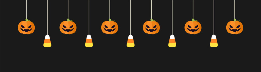 Happy Halloween border banner with candy corn and jack o lantern pumpkins hanging from spider webs. Spooky Ornaments Decoration Vector illustration, trick or treat party invitation
