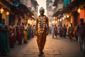 religious man walking in the street of India - obrazy, fototapety, plakaty