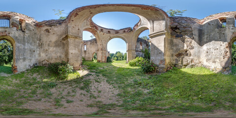 full seamless spherical hdri 360 panorama inside ruined abandoned church with arches without roof...