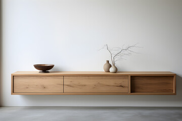 Wooden sideboard on white wall minimalist interior design - obrazy, fototapety, plakaty