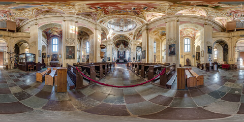 spherical seamless hdri 360 panorama inside of catholic church, architectural monument of mannerism and baroque with arches and frescoes in equirectangular projection