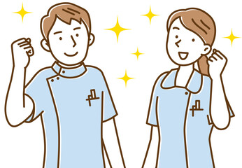 笑顔でガッツポーズする若い看護師の男女セット